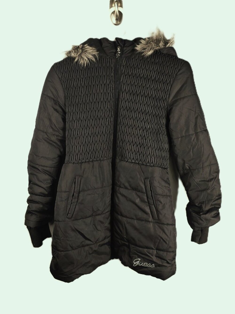 Guess Girls Winter Puffer Coat XL 16 Black Quilted Smocked Fur Trimmed Hood Zip